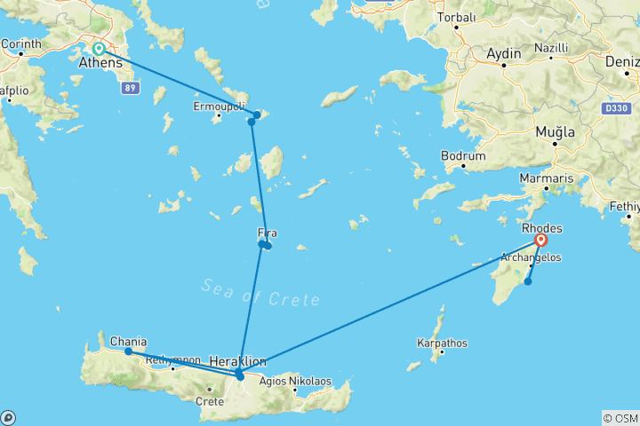 Carte du circuit Grèce : d'Athènes à Rhodes - 13 jours