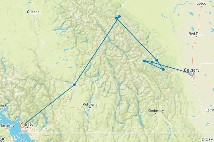 Map of Rocky Mountaineer Journey Through the Clouds 7-Day Tour｜Deluxe Train Vacation & Rockies Relax｜Calgary Departure