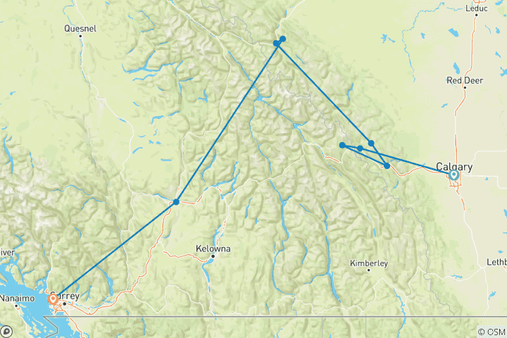 Map of Rocky Mountaineer Journey Through the Clouds 7-Day Tour｜Deluxe Train Vacation & Rockies Relax｜Calgary Departure