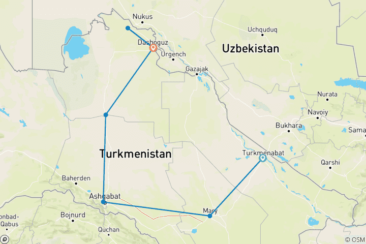 Kaart van Rondreis door Centraal-Azië – Turkmenistan – van en naar Oezbekistan