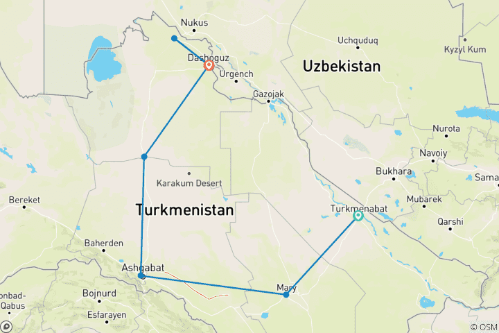 Carte du circuit Voyage en Asie centrale - Section du Turkménistan vers l'Ouzbékistan