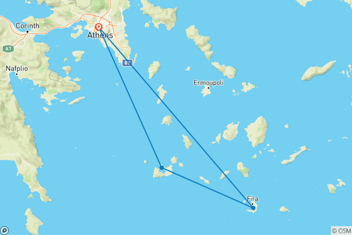 Carte du circuit 7 jours à Athènes, Milos et Santorin.