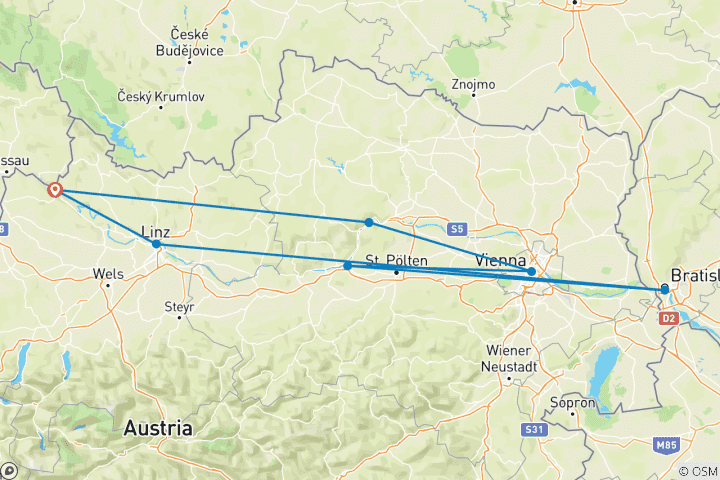 Kaart van Korte Donau cruise Steden & Natuur 2024