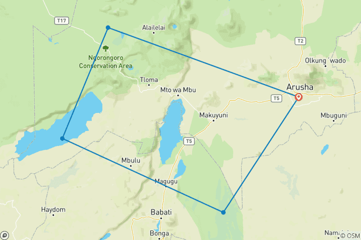 Carte du circuit Circuit culturel de 5 jours - Village de Mukuru - Parc National du Tarangiré - Lac Eyasi et Cratère du Ngorongoro