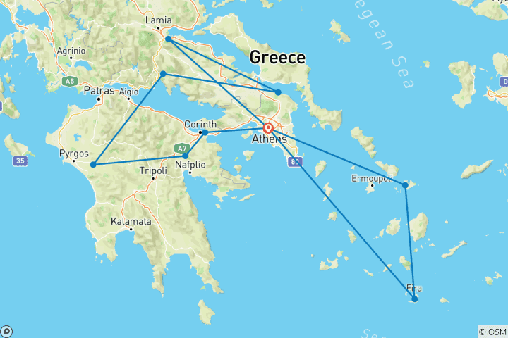 Kaart van 11 dagen Athene, Olympia, Delphi, Meteora, Mykonos&Santorini.