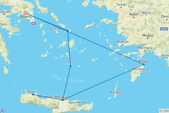 Carte du circuit 13 jours en Athènes, Mykonos, Santorin, Héraklion et La Canée en Crète et à Rhodes