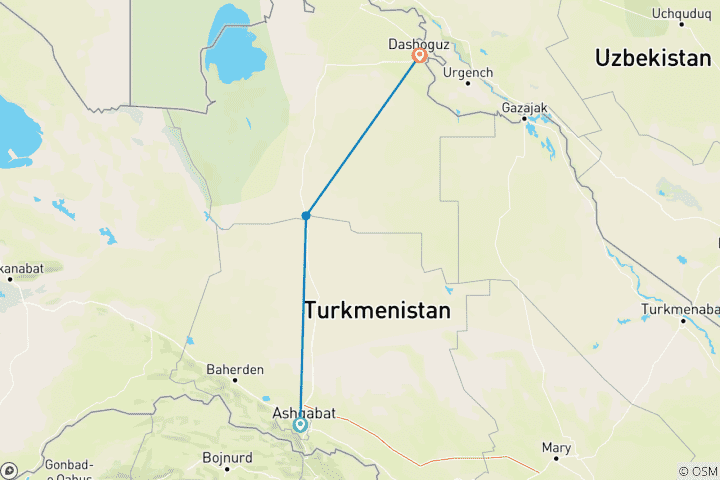 Map of Ashgabat to Shavat (Turkmenistan tour with the departure to Khiva, Uzbekistan)