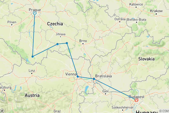 Carte du circuit Rhapsodie de Bohème : Découvrez la magie de la Tchéquie, de Bratislava, de Vienne et de Budapest !