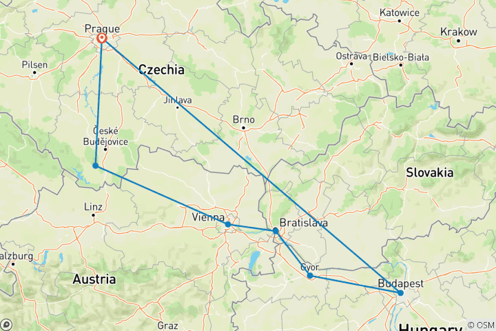 Map of Classic Central Europe – Prague • Vienna • Bratislava • Budapest
