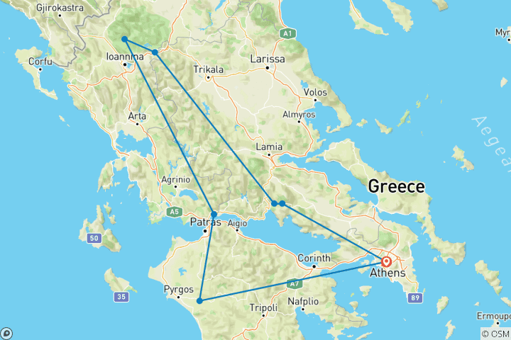 Map of SELF DRIVE 8 Days Athens, Olympia, Zagorohoria, Kalambaka and Delphi.