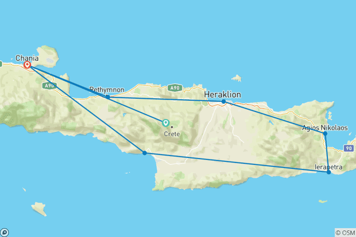 Mapa de 8 días en Chania, Agia Galini, Agios Nikolaos y Heraklion.