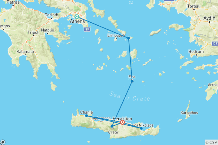 Mapa de 13 días Atenas, Mykonos, Santorini y Creta.