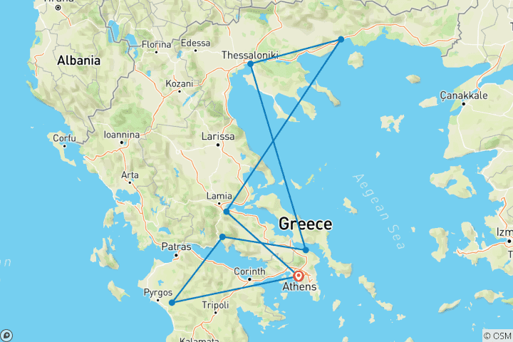 Kaart van Athene, Olympia, Delphi, Kalambaka, Thessaloniki, Kavala & Chalkidiki – 10 dagen