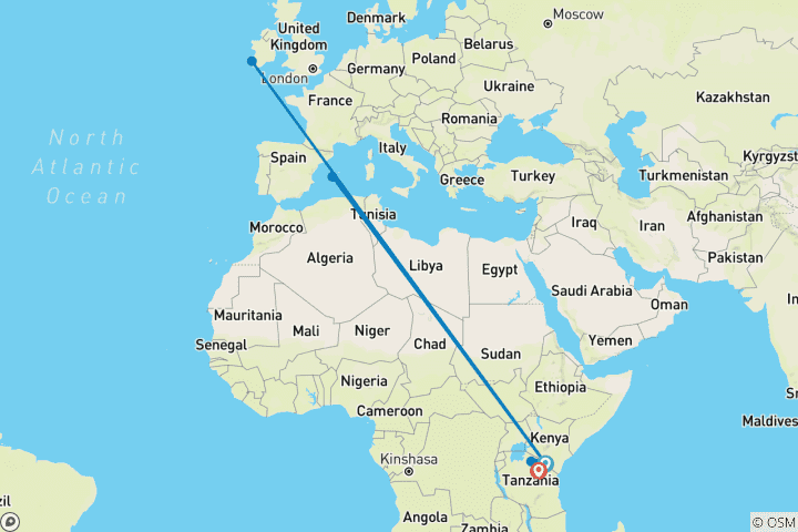 Carte du circuit 13 jours de safari au Mont Kilimandjaro, au Serengeti, au Ngorongoro, au Tarangire et au lac Manyara