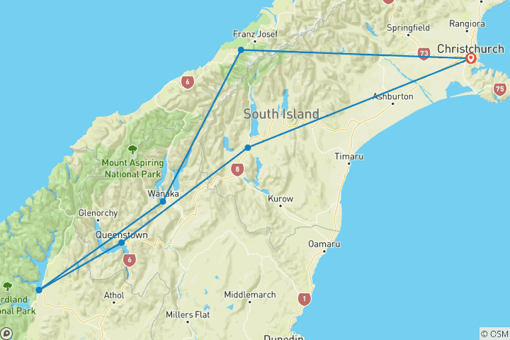 Kaart van Ontdekkingsreis op het Zuidereiland – 10 dagen