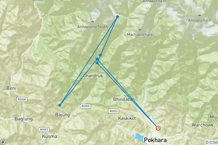 Carte du circuit Trek du camp de base de l'Annapurna au départ de Pokhara - 6 jours