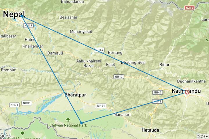 Map of Nepal Sightseeing and Jungle safari tour - 8 Days