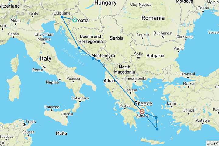 Carte du circuit Circuit en petit groupe dans l'Adriatique (Bled) et en Grèce (Mykonos, Santorin) avec 2 vols inclus