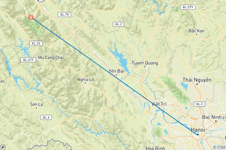 Carte du circuit 3 jours de trekking à Sapa avec guide local, nuit au village de Ta Van, bungalow et transport inclus, départ de Hanoi, Vietnam.