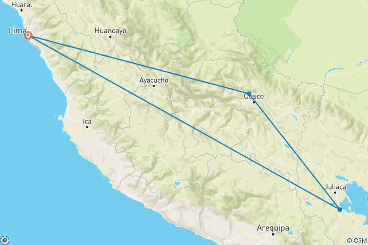 Carte du circuit Odyssée péruvienne : Un voyage de 10 jours à travers des ruines anciennes, des villes vibrantes et des merveilles naturelles