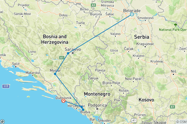 Kaart van Belgrado naar Dubrovnik Kleine Groep (Servië&Bosnië-Herzegovina&Kroatië&Montenegro)