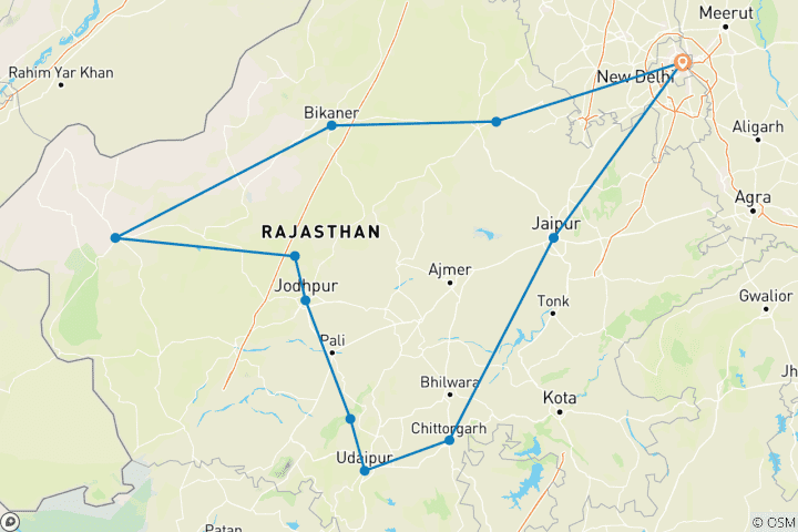 Kaart van Rajasthan Forten&Paleizen Rondreis door met de Gouden Woestijn