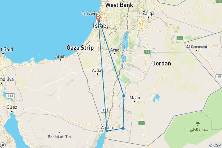 Carte du circuit Petra et Wadi Rum, 3 jours à partir de Tel Aviv avec vols