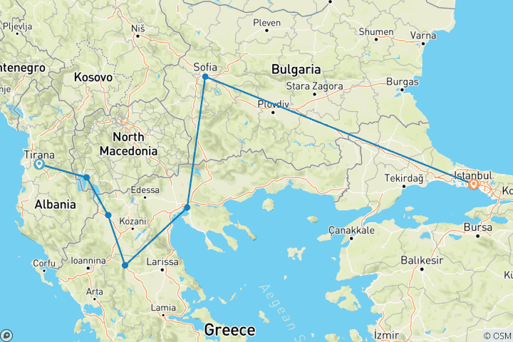 Map of Balkan Wonders from Tirana to Istanbul's Splendor flight included