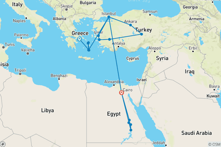 Carte du circuit 21 jours d'Athènes à l'Égypte et croisière sur le Nil