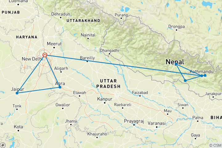 Map of Bestseller Golden Triangle of India and Nepal with trekking, flight included