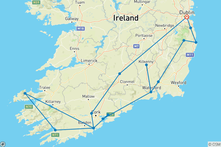 Map of 5-Day Ireland's South−East from Dublin