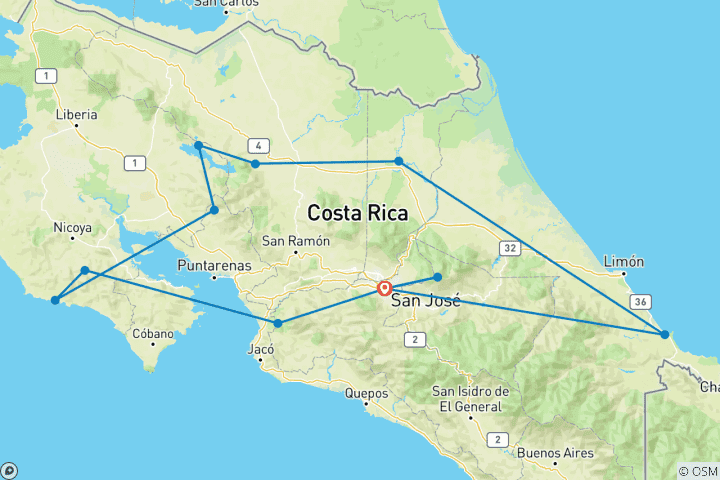 Carte du circuit Voyage de randonnée au Costa Rica