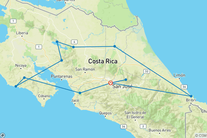 Map of Costa Rica hiking Tour