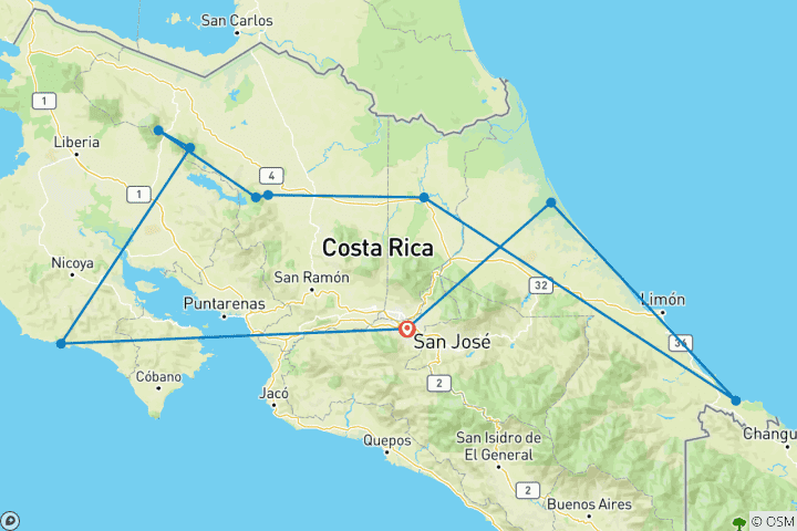 Map of Costa Rica with shuttle bus transfer: tropical fun with the family