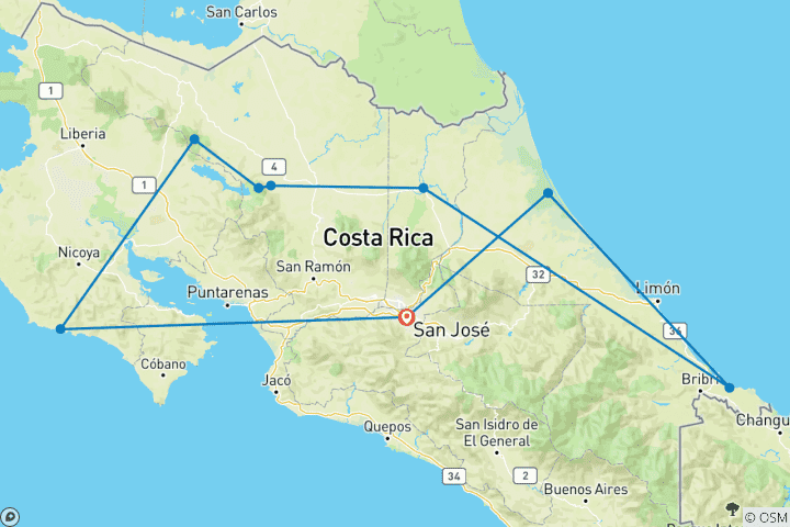 Map of Costa Rica with shuttle bus transfer: tropical fun with the family