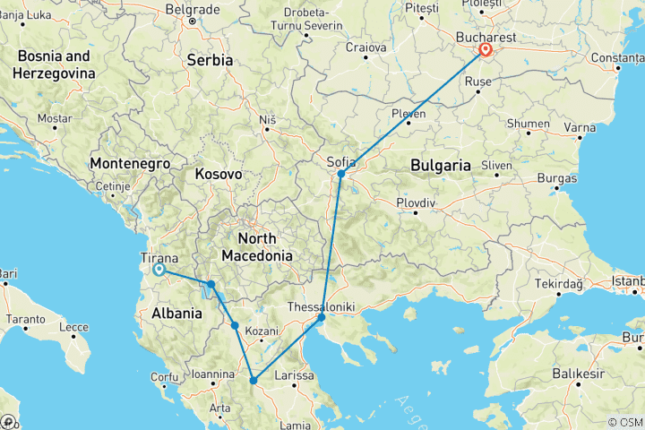 Kaart van Tirana naar Transsylvanië: Legenden & Landschappen - Kleine Groep Tour