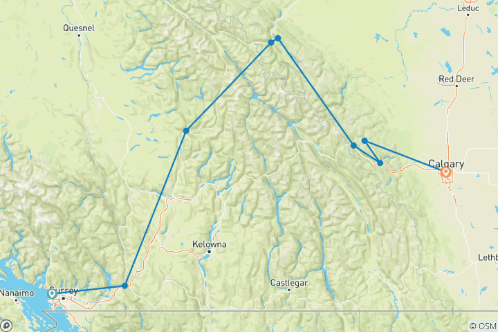 Map of 6-Day Canadian Rockies Tour from Vancouver: Banff, Jasper, Yoho & Iconic Lakes