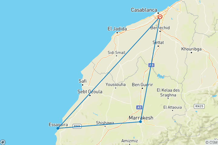 Map of 4 Days Tour exploring Marrakesh and Essaouira (Private)