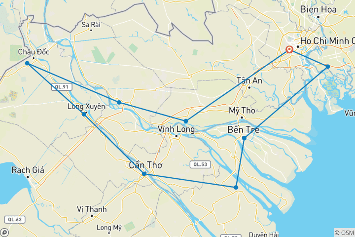 Map of Fantastic Mekong Delta Cycling Tour 5 days