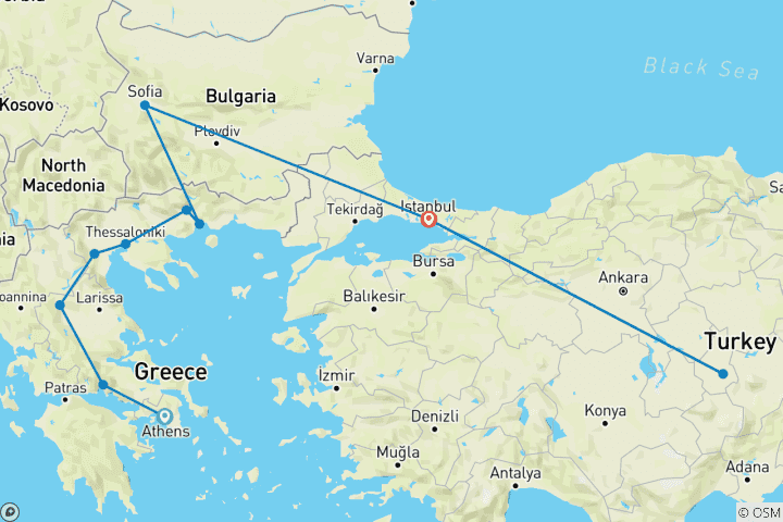 Carte du circuit Tout sur la Grèce d'Athènes à Istanbul et la Cappadoce via Sofia 3VUES INCLUSES