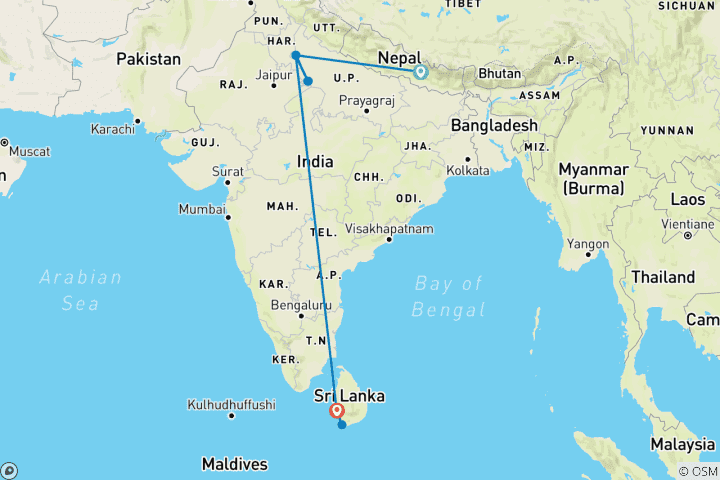 Karte von Nepal, Indien & Sri Lanka: Vom Himalaya zum Taj Mahal!