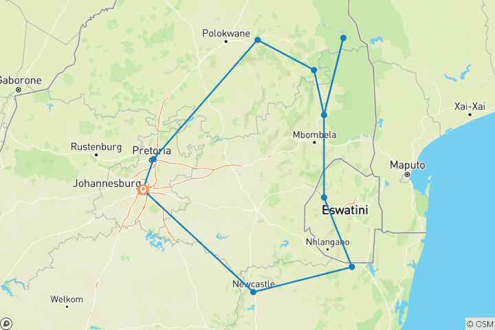 Map of South Africa & Eswatini Wildlife Glamping & Kruger Safari