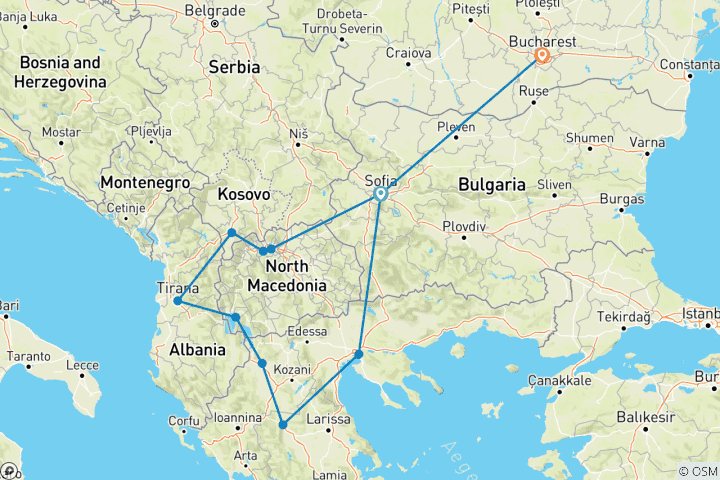 Mapa de Gran circuito de descubrimiento de Sofía a Bucarest