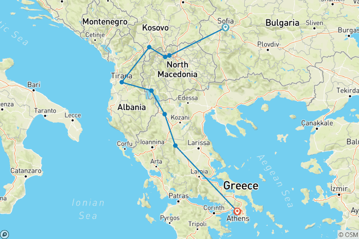 Karte von Schätze des Balkans und griechische Legenden von Sofia nach Athen