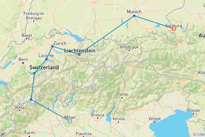 Mapa de Ruta Alpes y Queso en Eurocarril de 10 días: Milán, Suiza, Liechtenstein, Alemania, Austria