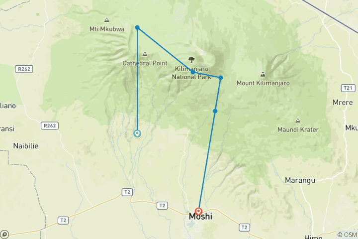 Mapa de ascenso al Kilimanjaro cumbre de año nuevo