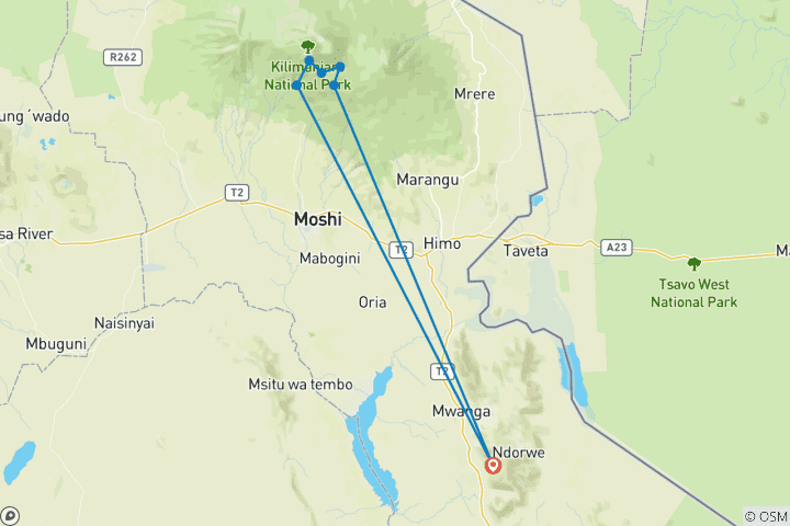 Map of 6 Days Climbing via Umbwe Route  + 2 Nights’ Hotel Stay