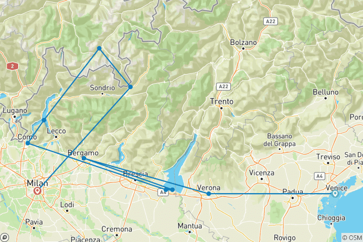 Carte du circuit Les lacs du nord de l'Italie, Venise et Milan avec le Bernina Express - 8 jours / 7 nuits
