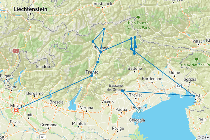 Map of Venice to Milan: 7-Days Alps & Dolomites Tour