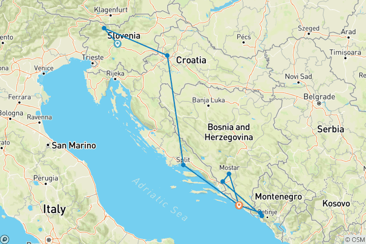 Kaart van Slovenië - Kroatië - Bosnië & Montenegro Kleine Groepsreis